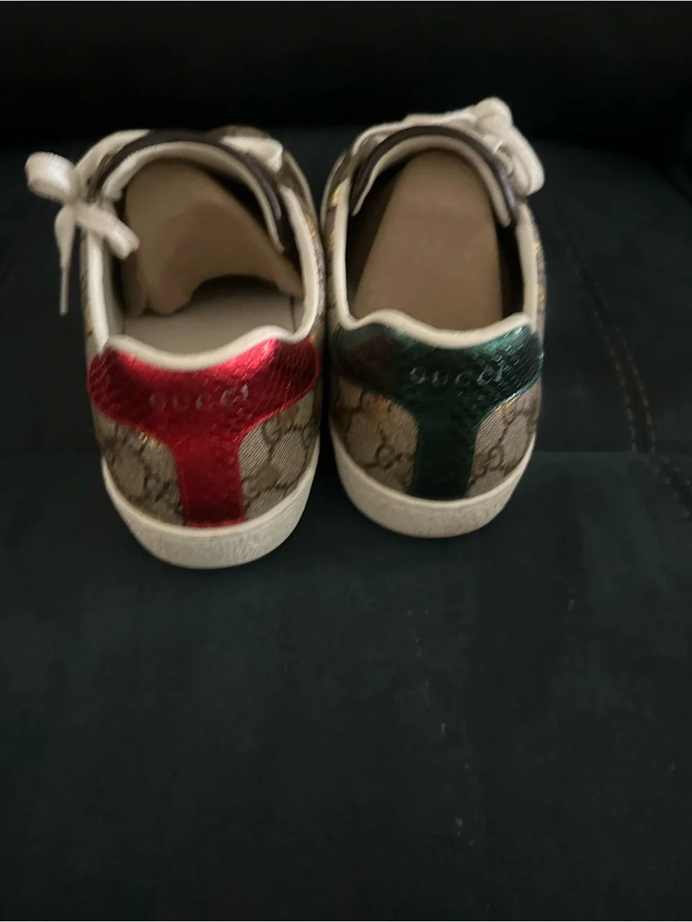 Gucci GG Supreme Bee Canvas Sneaker in Gold, Brown & White with Red/Green Stripe